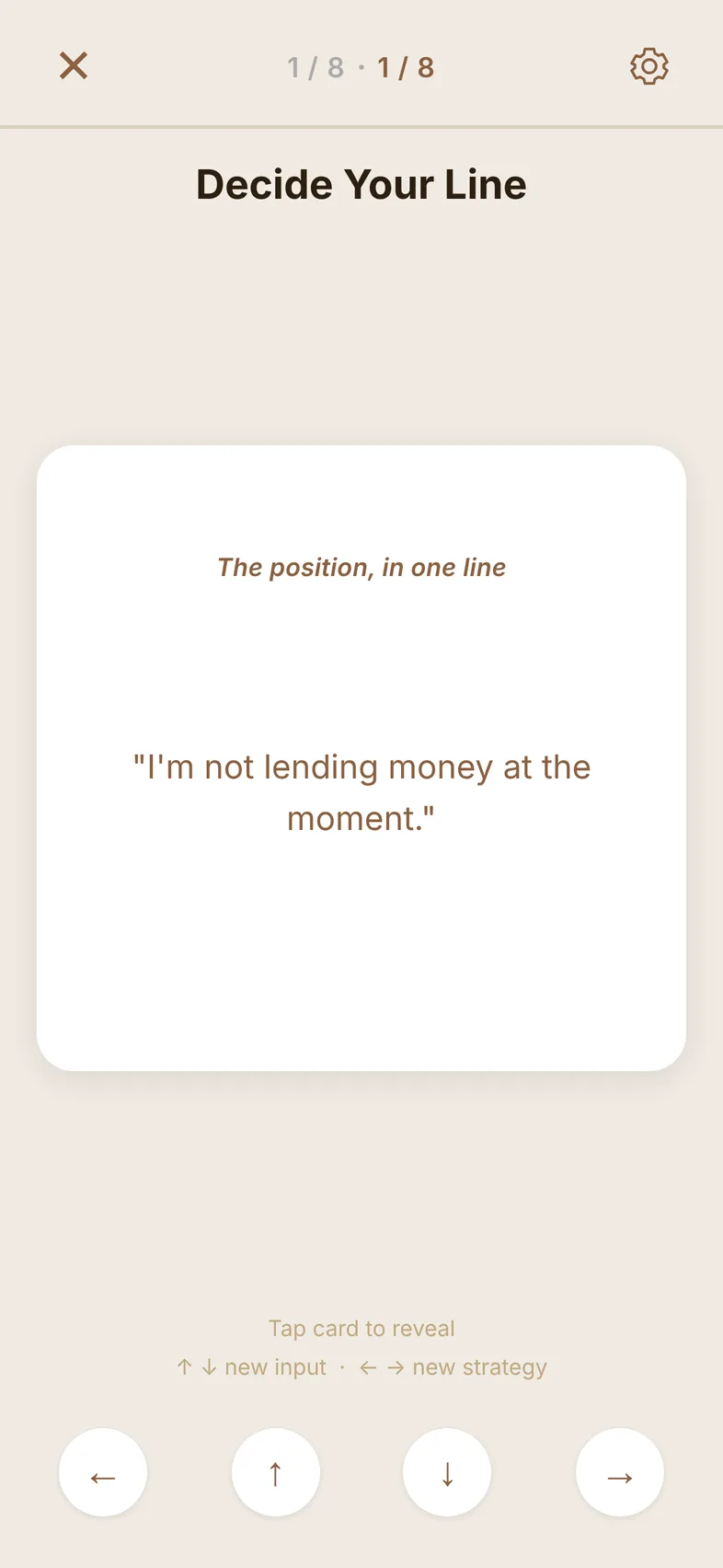 The back of the card: 'I'm not lending money at the moment.'